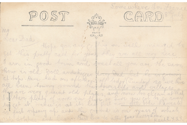 Keith Armer's postcard to his father from "somewhere in France", 1917