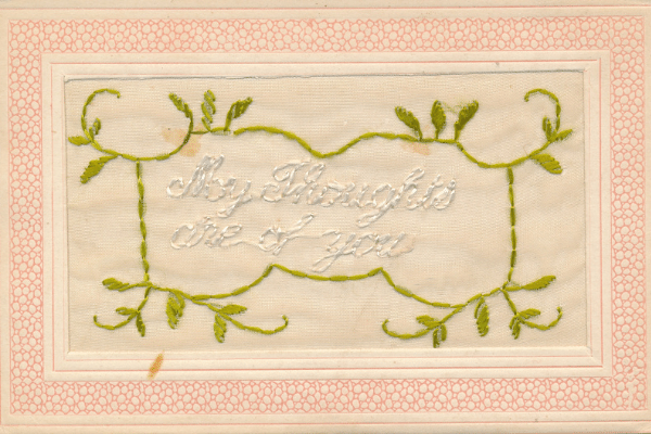 Silk embroidered postcards with message "Thinking of You"