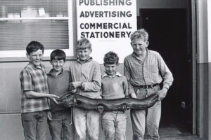 Boys with eel, Thornton Road, Cambridge NZ, 1972 