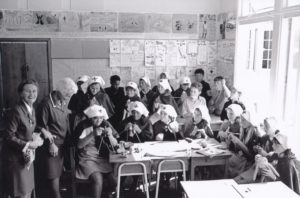 Students from Middle School being taught to knit, April 1970 