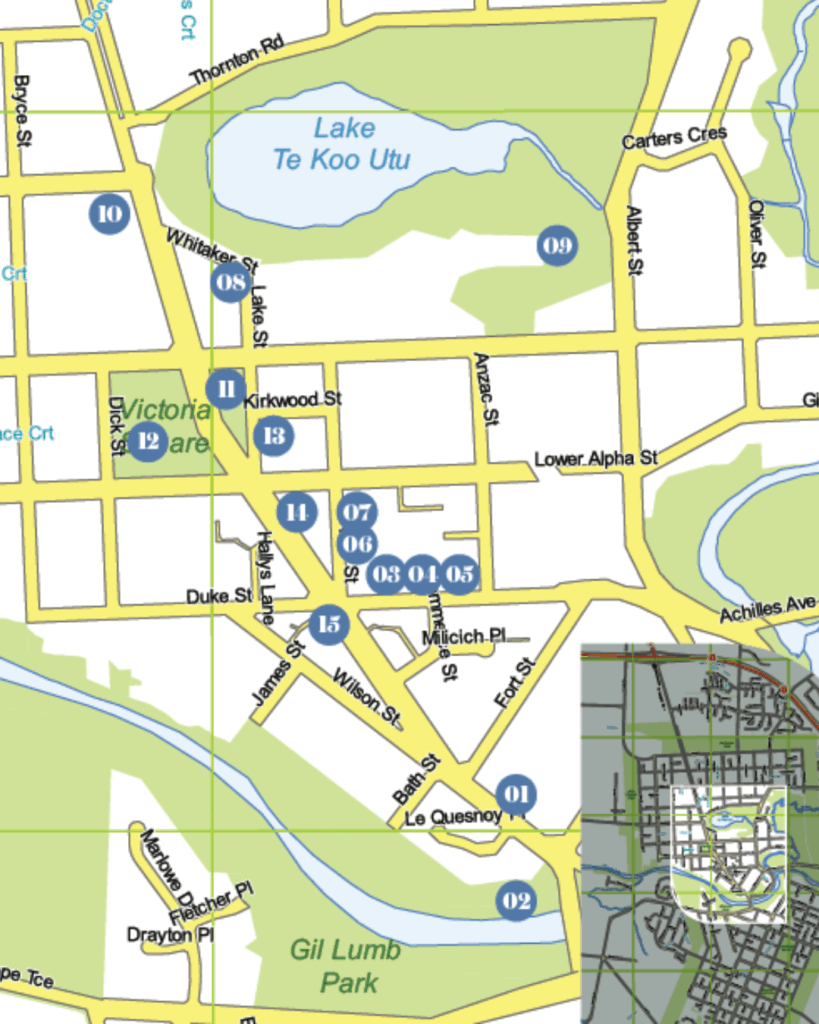Map of Cambridge town centre in New Zealand showing historical buildings on the town tour.