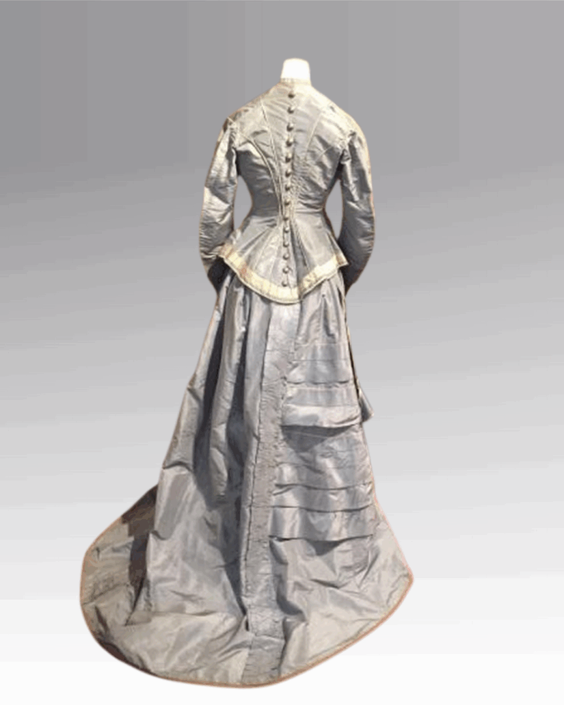 Grey taffeta wedding dress belonging to Marion Fisher (nee Crickett)