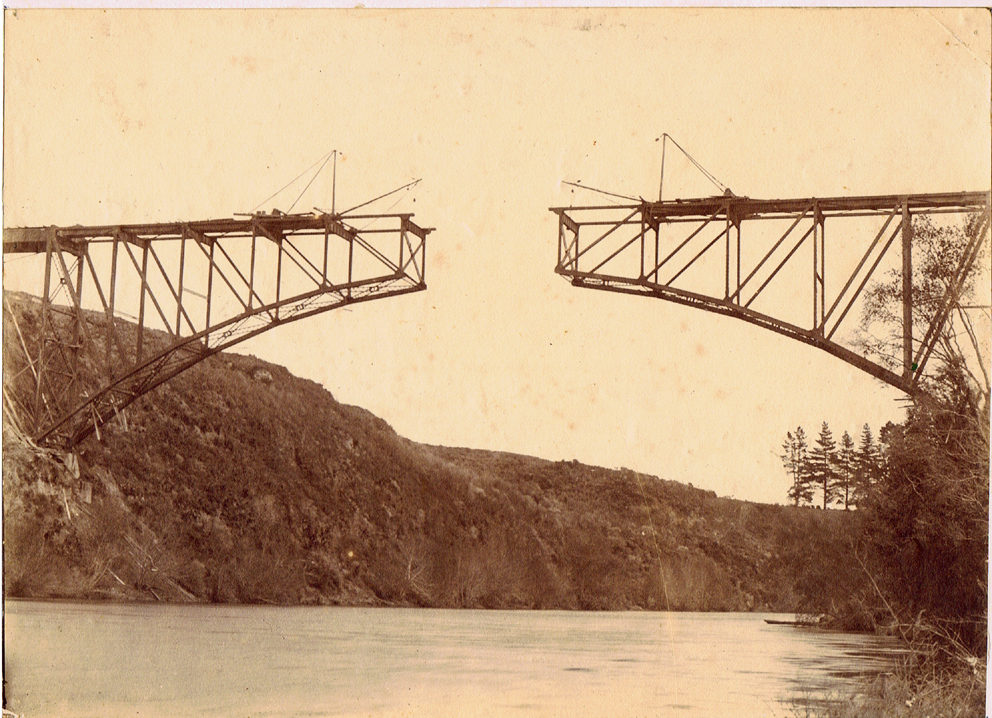 Steel cantilever bridge kitset being built in Cambridge, New Zealand