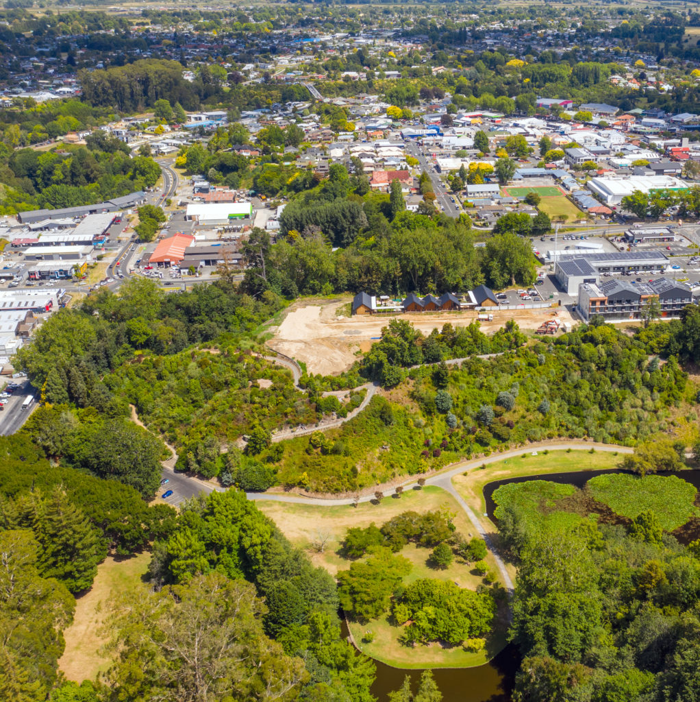 Aerial view of hillside near Lake Te Koo Utu where there used to be a WWII Fuel Bunker